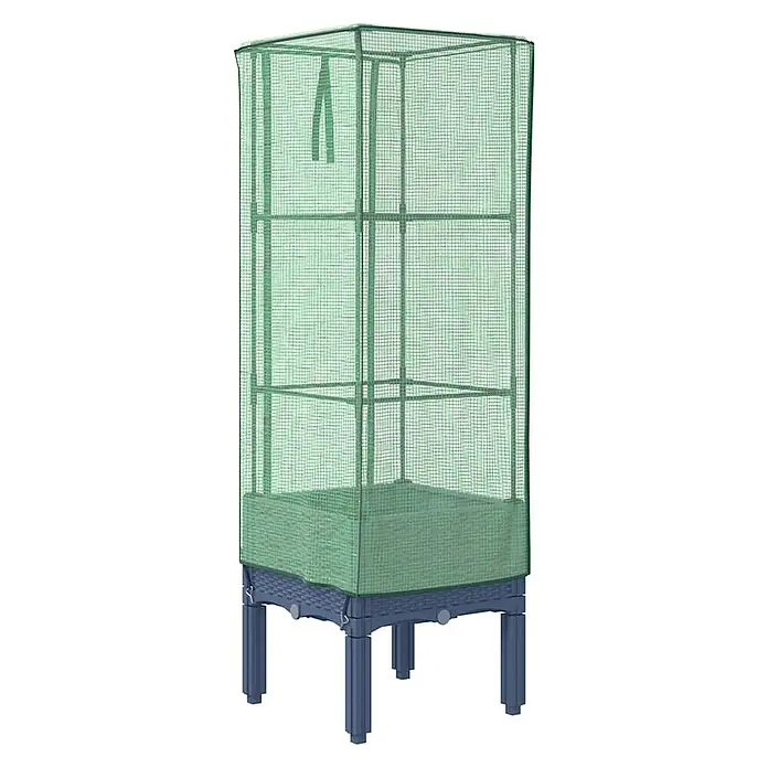 Furnicato Hochbeet Inklusive Gewächshaus-Aufsatz - 40 x 40 x 140 cm, Kunststoff, Blaugrau - Grünes, transparentes Mini-Gewächshaus mit Netzabdeckung auf einem dunkelblauen Hochbeet, ideal für den Pflanzenanbau.