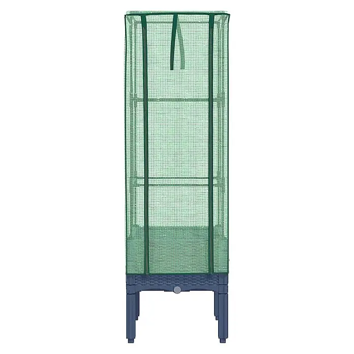 Furnicato Hochbeet Inklusive Gewächshaus-Aufsatz - 40 x 40 x 140 cm, Kunststoff, Blaugrau - Erhöhtes Gewächshaus mit transparenter grüner Abdeckung und Regalen auf dunkelblauem Pflanzgefäß.