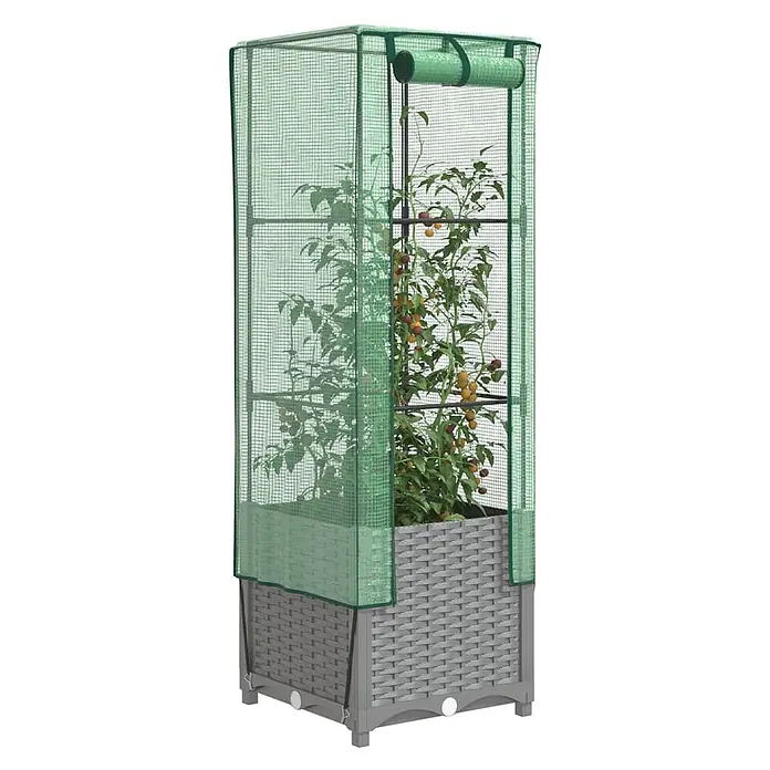 Furnicato Hochbeet Inklusive Gewächshaus-Aufsatz - 40 x 40 x 139 cm, Kunststoff, Hellgrau - Hochbeet im Gewächshausstil mit grüner, durchscheinender Abdeckung und grauem Flechtunterbau, mit Tomatenpflanze.
