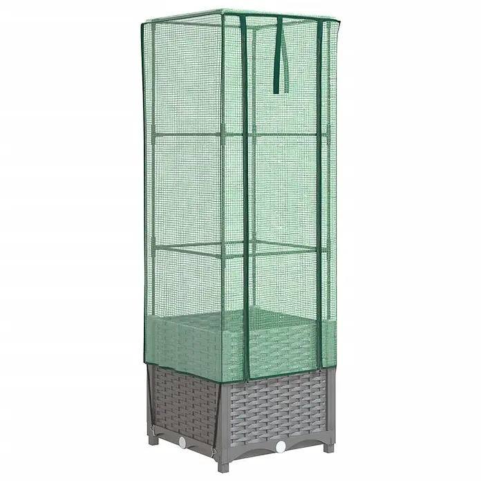 Furnicato Hochbeet Inklusive Gewächshaus-Aufsatz - 40 x 40 x 139 cm, Kunststoff, Hellgrau - Hohes, schmales Gewächshaus mit grünem Netzbezug und grauem Pflanzkasten im Rattan-Stil.