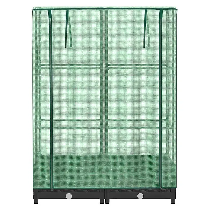 Furnicato Hochbeet Inklusive Gewächshaus-Aufsatz - 80 x 40 x 110 cm, Kunststoff, Schwarz - Grünes tragbares Gewächshaus mit Gitterabdeckung, schwarzem Sockel und Innenregalen.