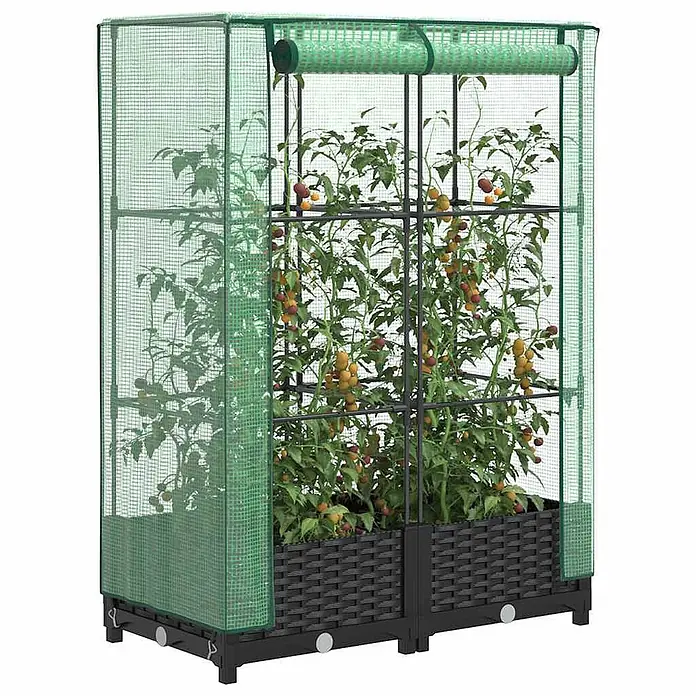 Furnicato Hochbeet Inklusive Gewächshaus-Aufsatz - 80 x 40 x 110 cm, Kunststoff, Schwarz - Modulares, dunkles Hochbeet in Rattan-Optik mit grünem Netz-Gewächshaus und internen Pflanzenstützen.