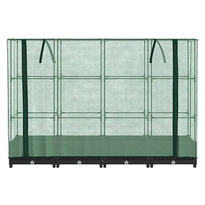 Furnicato Hochbeet Inklusive Gewächshaus-Aufsatz - 160 x 40 x 123 cm, Kunststoff, Schwarz - Grünes Netz-Gewächshaus mit dunklem Rahmen und Unterbau, zur Pflanzenzucht.