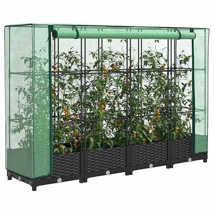 Furnicato Hochbeet Inklusive Gewächshaus-Aufsatz - 160 x 40 x 123 cm, Kunststoff, Schwarz - Grünes Netzgewächshaus mit schwarzen Rattan-Hochbeeten, zum Anbau von Tomatenpflanzen.