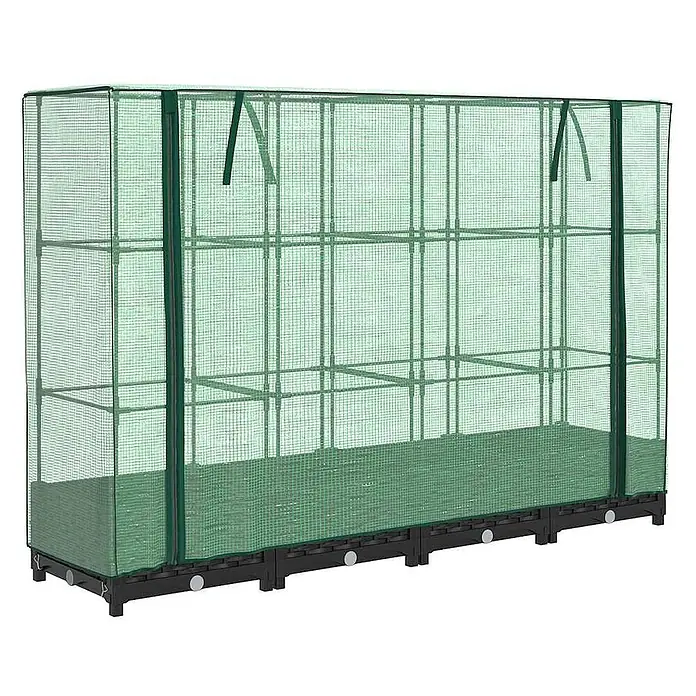 Furnicato Hochbeet Inklusive Gewächshaus-Aufsatz - 160 x 40 x 123 cm, Kunststoff, Schwarz - Grünes Gewächshaus mit Netzabdeckung und Regalböden auf dunklem, erhöhtem Sockel für Pflanzenzucht.