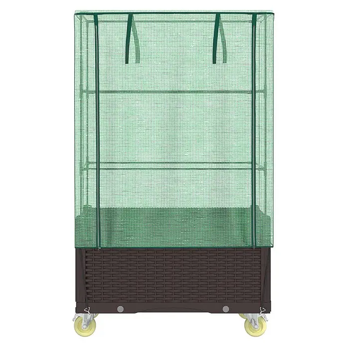 Furnicato Hochbeet Inklusive Gewächshaus-Aufsatz - 80 x 50 x 182 cm, Kunststoff, Braun - Grünes Mini-Gewächshaus mit Netzabdeckung, internen Regalen, braunem Rattan-Basisteil und Rollen.