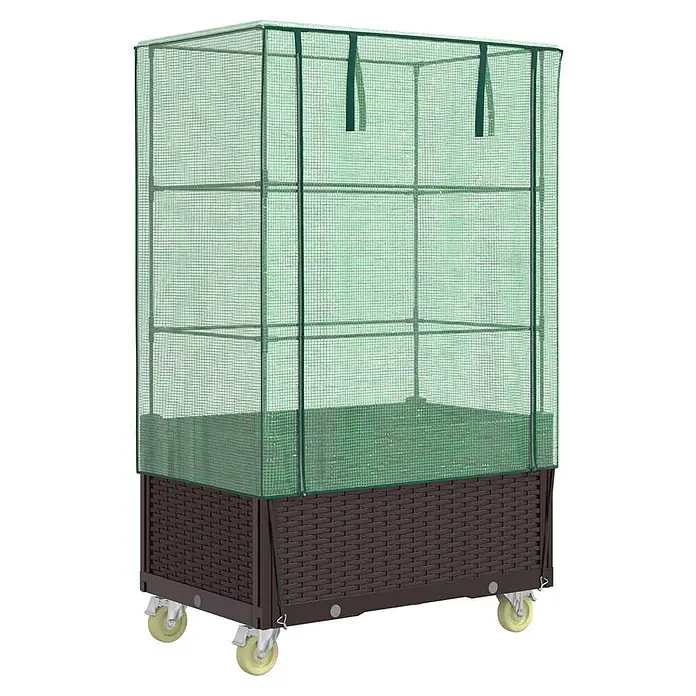 Furnicato Hochbeet Inklusive Gewächshaus-Aufsatz - 80 x 50 x 182 cm, Kunststoff, Braun - Mobiles dunkelbraunes Hochbeet in Rattan-Optik mit grünem Gitter-Gewächshausaufsatz auf Rollen.