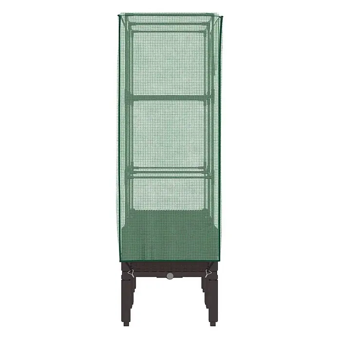 Furnicato Hochbeet Inklusive Gewächshaus-Aufsatz - 80 x 40 x 140 cm, Kunststoff, Braun - Hohes grünes Netz-Gewächshaus mit mehreren Regalböden, auf einem dunkelbraunen Pflanzkasten mit Beinen.