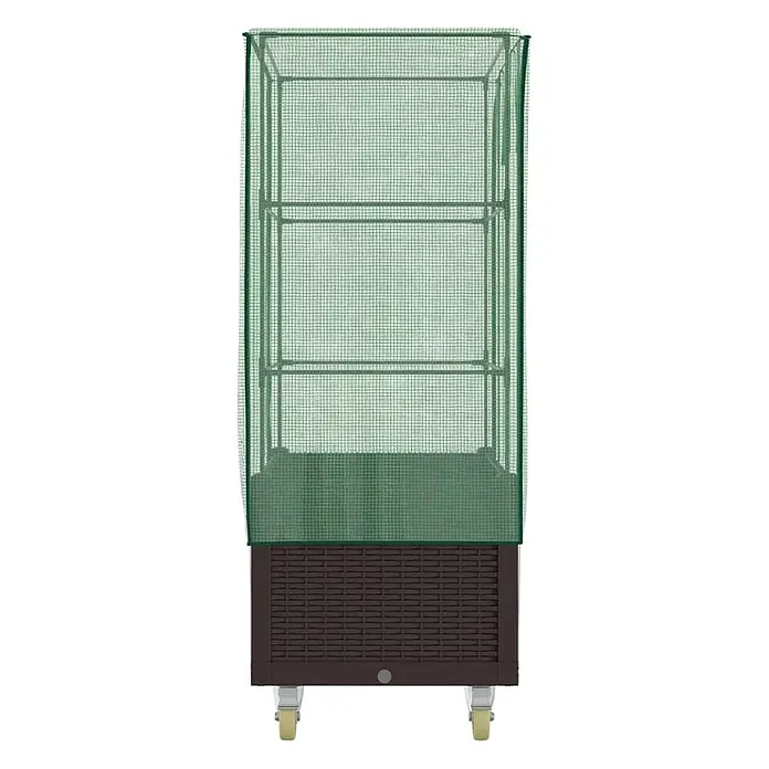 Furnicato Hochbeet Inklusive Gewächshaus-Aufsatz - 80 x 50 x 182 cm, Kunststoff, Braun - Braunes Hochbeet in Rattanoptik auf Rollen mit grünem Gitter-Gewächshausaufsatz und Regalen.
