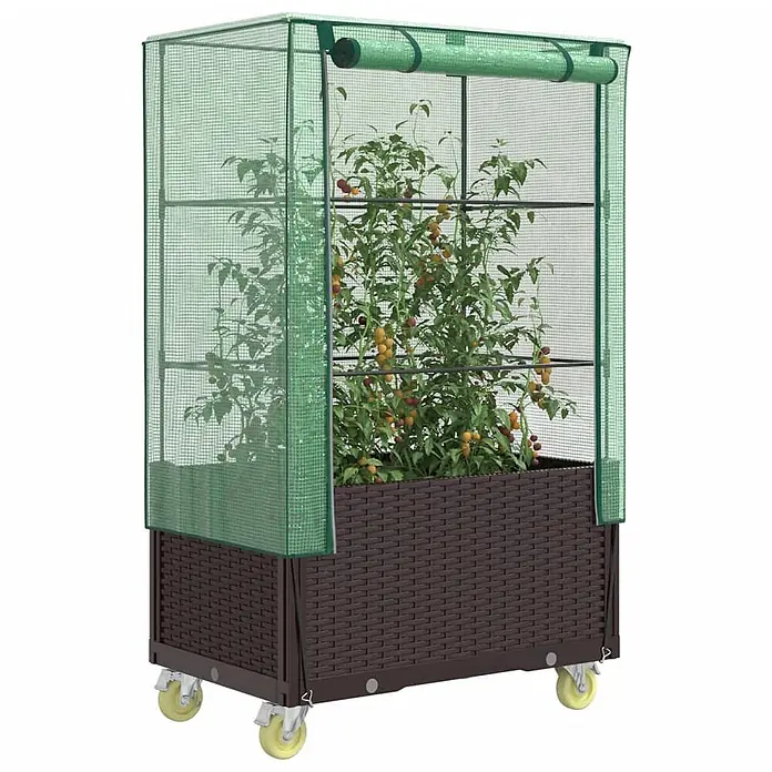 Furnicato Hochbeet Inklusive Gewächshaus-Aufsatz - 80 x 50 x 182 cm, Kunststoff, Braun - Mobiles Hochbeet mit braunem Korbflecht-Pflanzgefäß und grünem Netz-Gewächshausabdeckung, enthält eine Pflanze.