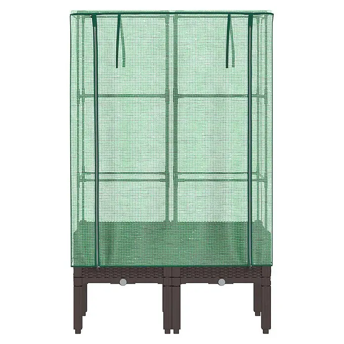 Furnicato Hochbeet Inklusive Gewächshaus-Aufsatz - 80 x 40 x 140 cm, Kunststoff, Braun - Braunes Hochbeet in Rattan-Optik mit grünem Netz-Gewächshausaufsatz für Pflanzenschutz und Wachstum.