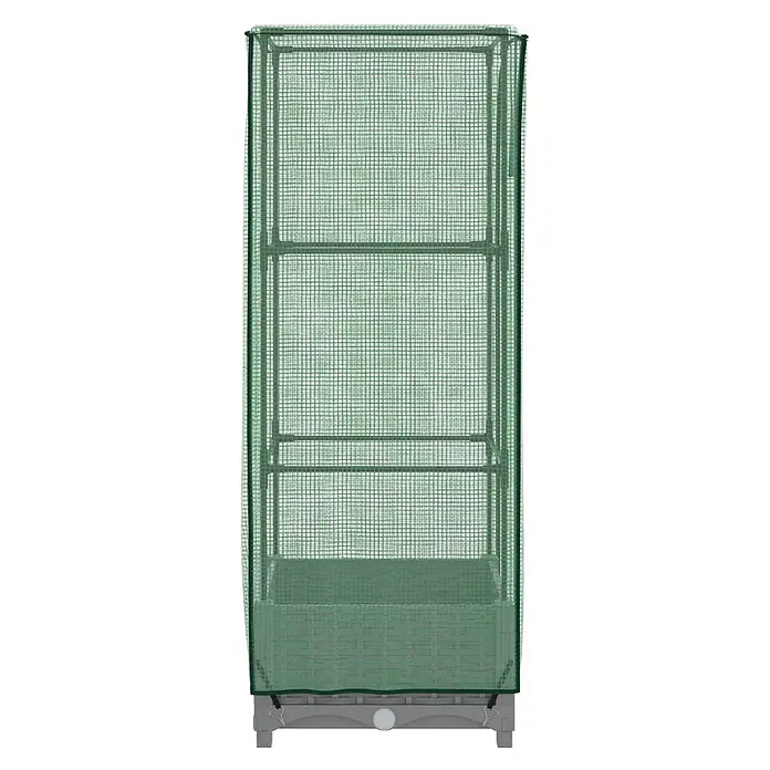 Furnicato Hochbeet Inklusive Gewächshaus-Aufsatz - 40 x 40 x 110 cm, Kunststoff, Hellgrau - Hohes, grünes Netz-Minigewächshaus mit Regalböden und grauem Hochbeet-Sockel.