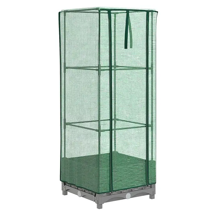 Furnicato Hochbeet Inklusive Gewächshaus-Aufsatz - 40 x 40 x 110 cm, Kunststoff, Hellgrau - Hohes, grünes Netz-Mini-Gewächshaus mit Reißverschluss und Regalen auf grauem Sockel.