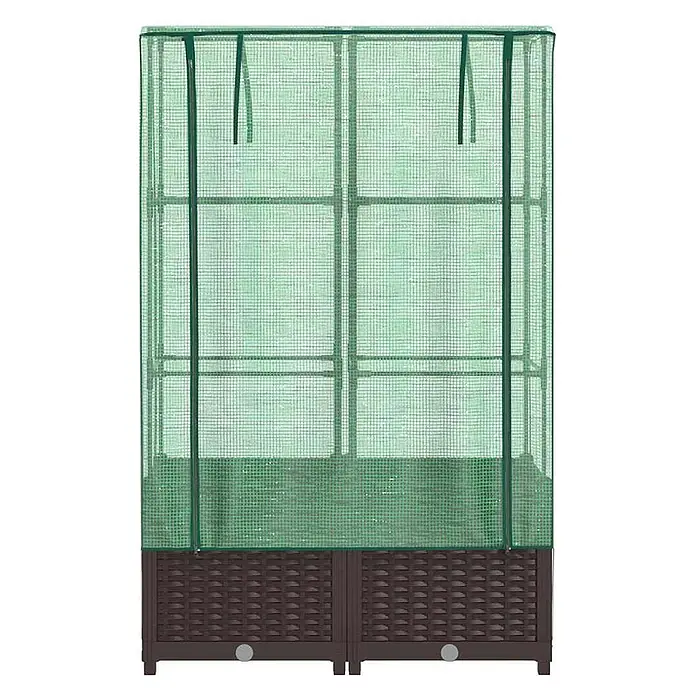 Furnicato Hochbeet Inklusive Gewächshaus-Aufsatz - 80 x 40 x 110 cm, Kunststoff, Braun - Grünmaschiges Gewächshaus mit braunem Hochbeet-Unterteil in Rattan-Optik.