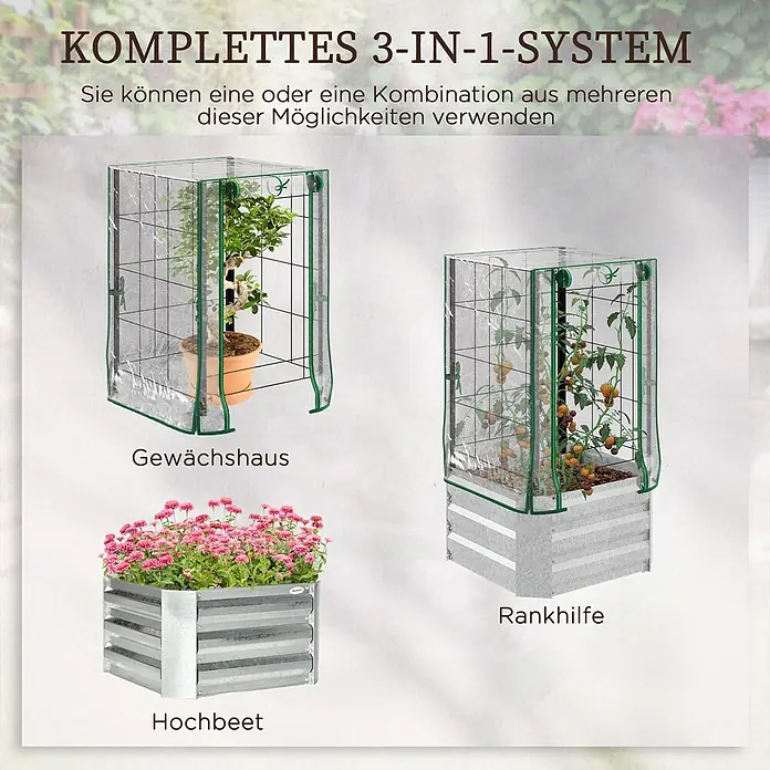 Furnicato Hochbeet Inklusive Gewächshaus-Aufsatz - 53 x 53 x 90 cm, Verbundwerkstoff, Silber - Modulares 3-in-1 Gartensystem: verzinktes Hochbeet, Mini-Gewächshaus und Rankhilfe für Pflanzen, mit transparenten Abdeckungen und grünen Rahmen.