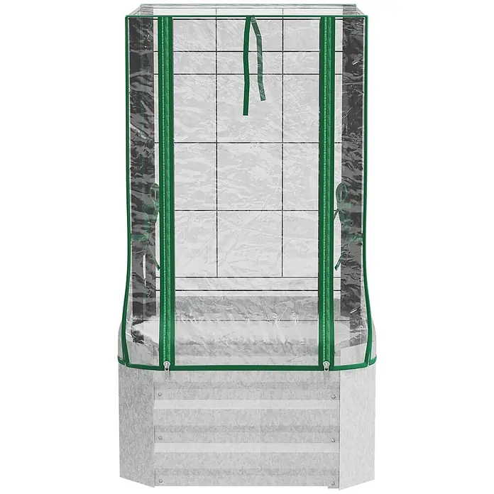 Furnicato Hochbeet Inklusive Gewächshaus-Aufsatz - 53 x 53 x 90 cm, Verbundwerkstoff, Silber - Hochbeet mit transparenter Gewächshausabdeckung und grünem Besatz.