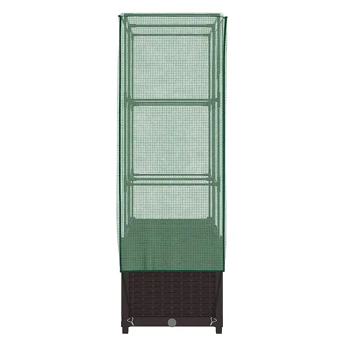 Furnicato Hochbeet Inklusive Gewächshaus-Aufsatz - 80 x 40 x 110 cm, Kunststoff, Braun - Schmaler, hoher Gewächsschrank mit grünem Netzbezug über einer dunkelbraunen Pflanzkastenbasis. Mit Innenregalen für Pflanzen.