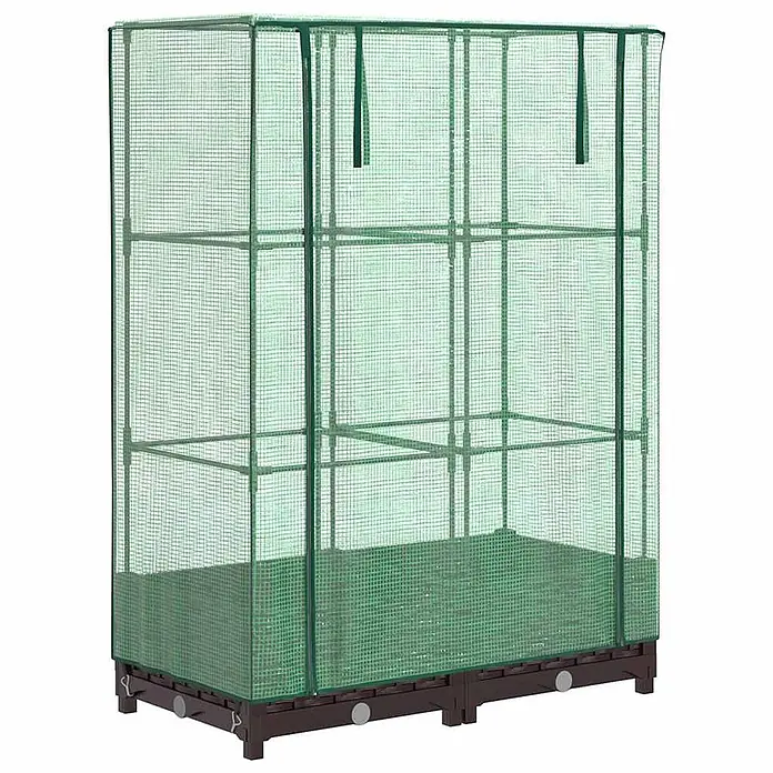 Furnicato Hochbeet Inklusive Gewächshaus-Aufsatz - 80 x 40 x 110 cm, Kunststoff, Braun - Grünes Mini-Gewächshaus mit transparenter Netzabdeckung, Innenregalen und dunklem erhöhtem Sockel.