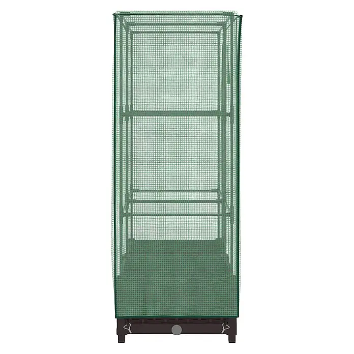 Furnicato Hochbeet Inklusive Gewächshaus-Aufsatz - 80 x 40 x 110 cm, Kunststoff, Braun - Hohes, grünes Netz-Minigewächshaus mit Regalen, auf dunklem braunen Sockel.