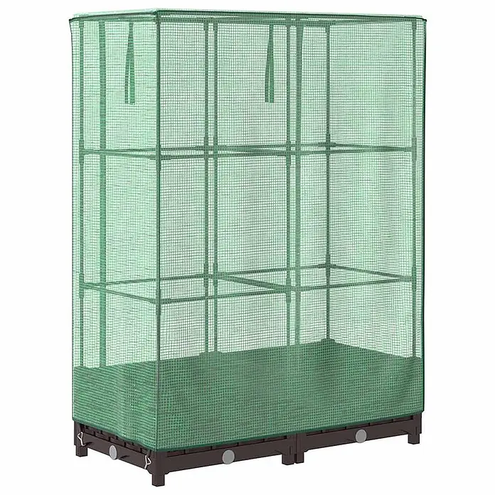 Furnicato Hochbeet Inklusive Gewächshaus-Aufsatz - 80 x 40 x 110 cm, Kunststoff, Braun - Hohes grünes Netzgewächshaus mit dunkelbraunem Hochbeet-Unterbau und sichtbaren Innenregalen.