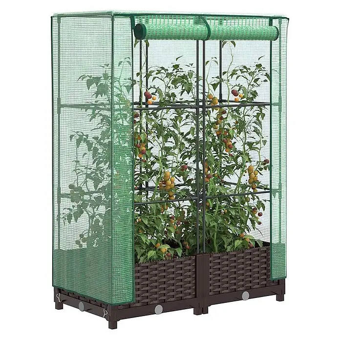 Furnicato Hochbeet Inklusive Gewächshaus-Aufsatz - 80 x 40 x 110 cm, Kunststoff, Braun - Grünes Netzgewächshaus mit braunen Rattan-Pflanzkästen, in denen Tomaten reifen.