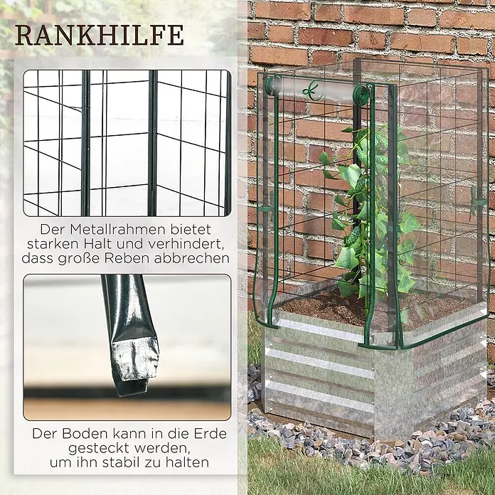 Furnicato Hochbeet Inklusive Gewächshaus-Aufsatz - 53 x 53 x 90 cm, Verbundwerkstoff, Silber - Metallene Rankhilfe mit transparenter Schutzhülle, stützt eine Kletterpflanze im Hochbeet.