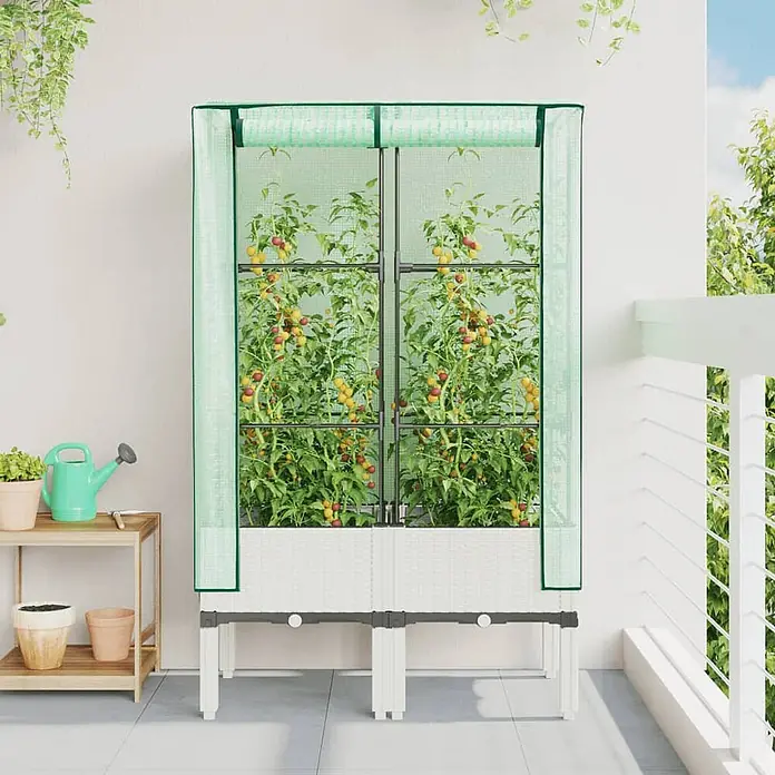 Furnicato Hochbeet Inklusive Gewächshaus-Aufsatz - 80 x 40 x 110 cm, Kunststoff, Weiß - Kompaktes vertikales Gewächshaus mit durchsichtiger grüner Abdeckung und weißen Hochbeeten, ideal für den Balkongarten.
