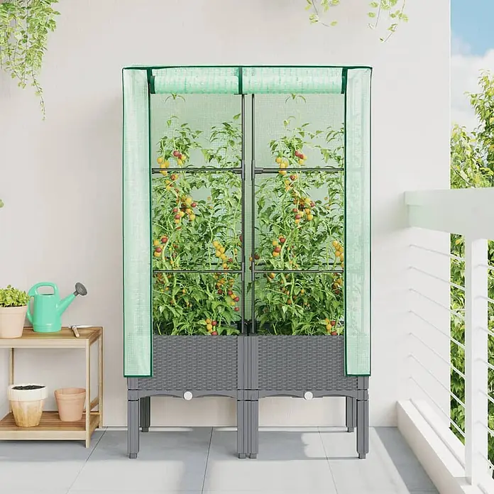 Furnicato Hochbeet Inklusive Gewächshaus-Aufsatz - 80 x 40 x 110 cm, Kunststoff, Hellgrau - Graues Hochbeet aus Kunststoff mit grün-transparenter Minigewächshausabdeckung, gefüllt mit Tomatenpflanzen, auf einem Balkon.