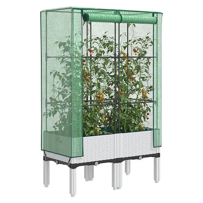 Furnicato Hochbeet Inklusive Gewächshaus-Aufsatz - 80 x 40 x 110 cm, Kunststoff, Weiß - Weißes Hochbeet mit grünem Netz-Gewächshausabdeckung und wachsenden Tomatenpflanzen.