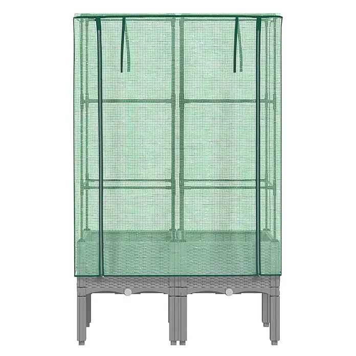 Furnicato Hochbeet Inklusive Gewächshaus-Aufsatz - 80 x 40 x 110 cm, Kunststoff, Hellgrau - Grünes Maschen-Mini-Gewächshaus auf einem grauen Hochbeet mit stabilen Beinen, zur Pflanzenzucht.