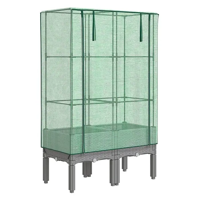 Furnicato Hochbeet Inklusive Gewächshaus-Aufsatz - 80 x 40 x 110 cm, Kunststoff, Hellgrau - Grüne Gewächshausabdeckung über einem grauen Hochbeet mit grünen Rattan-Einsätzen zur Pflanzenanzucht.