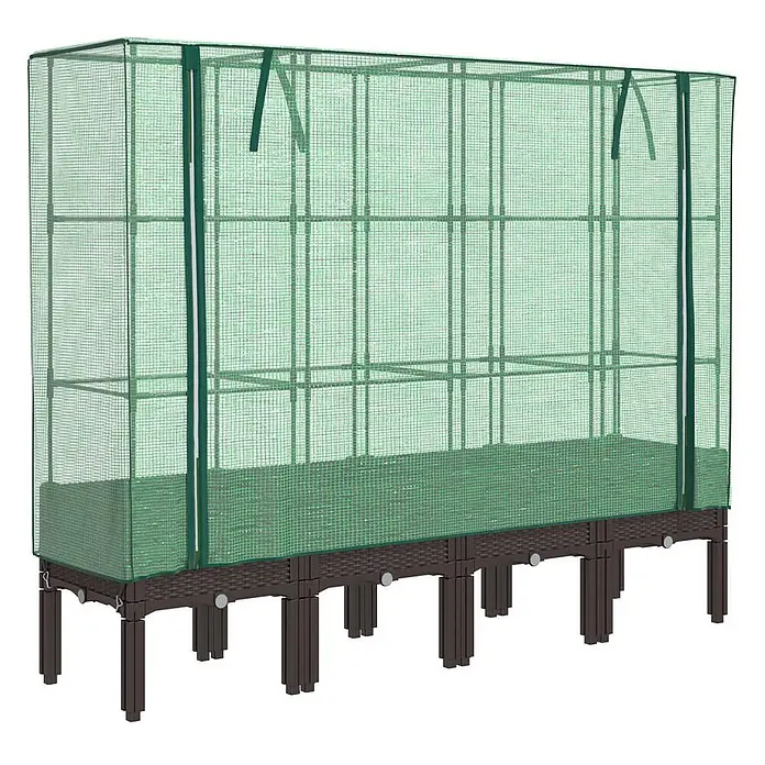 Furnicato Hochbeet Inklusive Gewächshaus-Aufsatz - 160 x 40 x 110 cm, Kunststoff, Braun - Grüner Maschen-Gewächshausüberzug über einem braunen Hochbeet in Rattan-Optik mit internen Ablagen.
