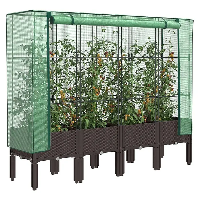 Furnicato Hochbeet Inklusive Gewächshaus-Aufsatz - 160 x 40 x 110 cm, Kunststoff, Braun - Erhöhtes, dunkelbraunes Pflanzgefäß in Rattan-Optik mit grünem Gewächshausnetz, zeigt Tomatenpflanzen.