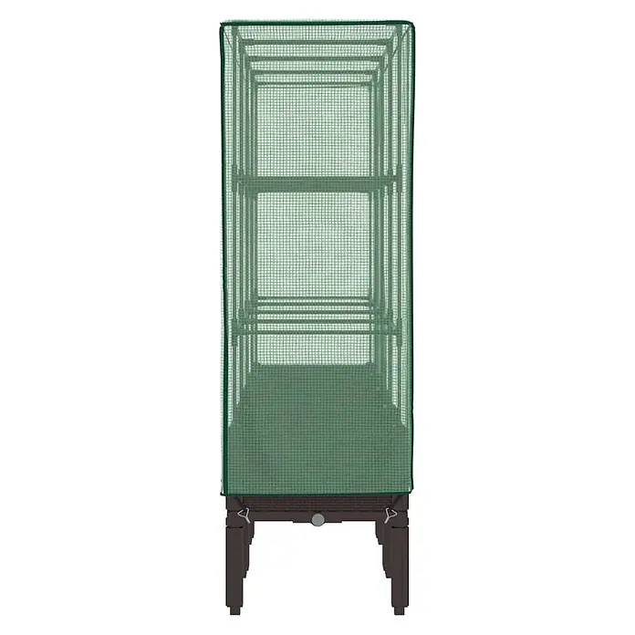 Furnicato Hochbeet Inklusive Gewächshaus-Aufsatz - 160 x 40 x 110 cm, Kunststoff, Braun - Hohes grünes Netz-Mini-Gewächshaus mit mehreren Regalböden auf dunklem Hochbeet.