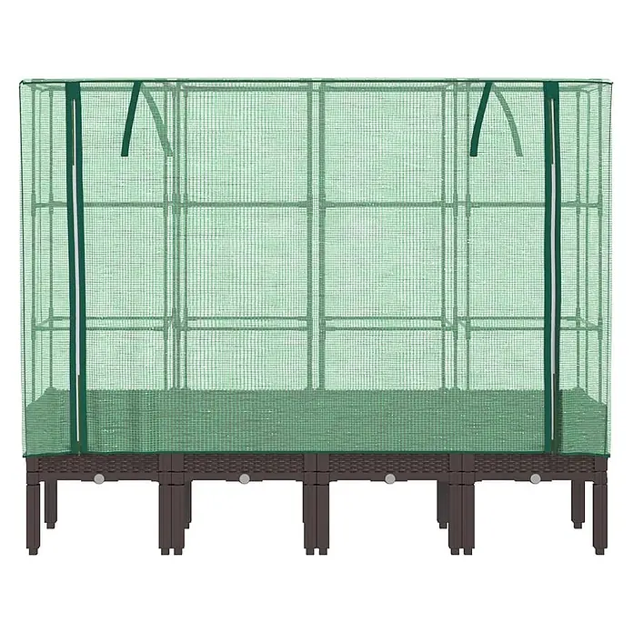 Furnicato Hochbeet Inklusive Gewächshaus-Aufsatz - 160 x 40 x 110 cm, Kunststoff, Braun - Gewächshaus-Hochbeet mit lichtdurchlässiger grüner Abdeckung und dunkelbraunem, geflochtenem Unterbau auf Beinen.