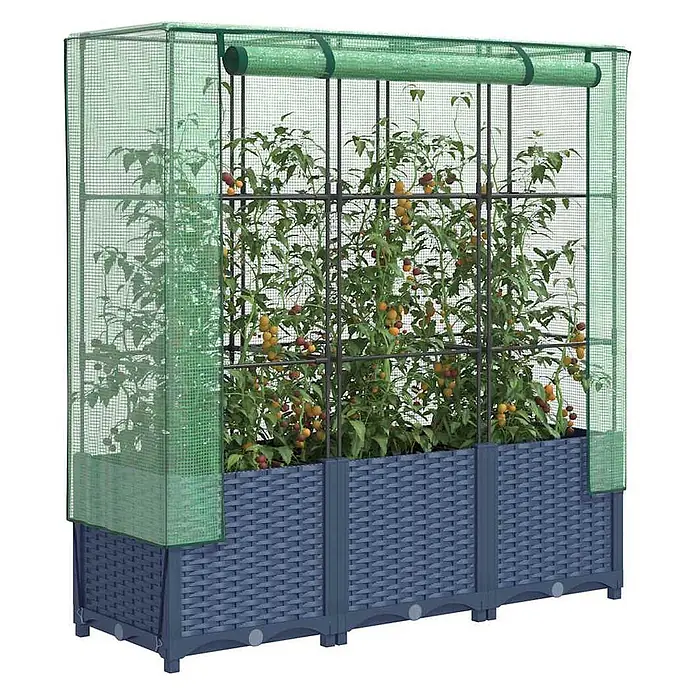 Furnicato Hochbeet Inklusive Gewächshaus-Aufsatz - 120 x 40 x 138 cm, Kunststoff, Blaugrau - Graues Hochbeet im Rattan-Look mit grünem Netz-Gewächshausabdeckung, enthält reife Tomatenpflanzen.