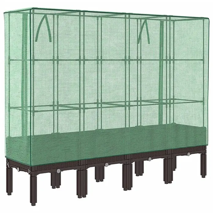 Furnicato Hochbeet Inklusive Gewächshaus-Aufsatz - 160 x 40 x 110 cm, Kunststoff, Braun - Braunes Hochbeet mit dunkelgrüner Pflanzfläche und einer lichtdurchlässigen grünen Netz-Gewächshausabdeckung.