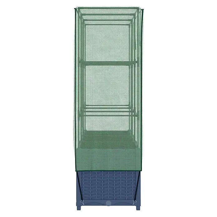 Furnicato Hochbeet Inklusive Gewächshaus-Aufsatz - 120 x 40 x 138 cm, Kunststoff, Blaugrau - Hohes, grünes Mini-Gewächshaus mit Netzabdeckung über einem blauen Hochbeet in Rattanoptik.