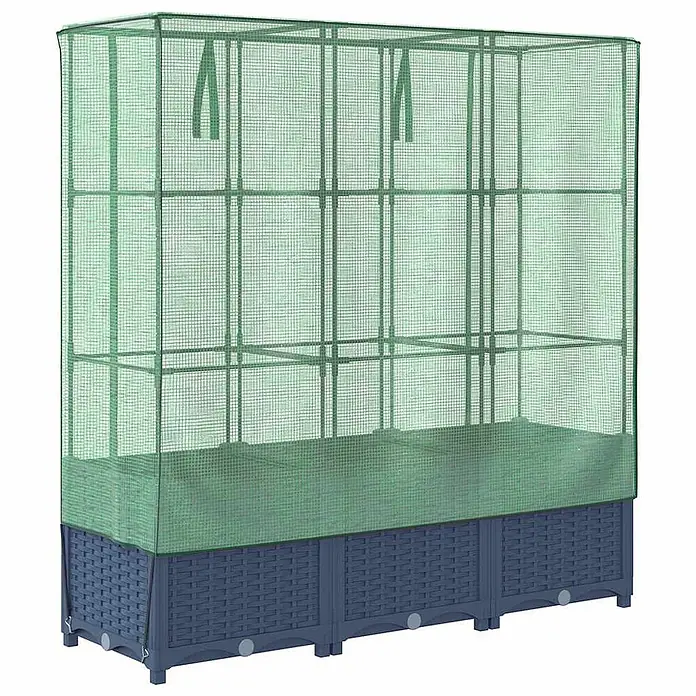 Furnicato Hochbeet Inklusive Gewächshaus-Aufsatz - 120 x 40 x 138 cm, Kunststoff, Blaugrau - Dunkelgraues Hochbeet im Rattan-Stil mit grünem Netz-Gewächshausaufsatz zum Schutz von Pflanzen.