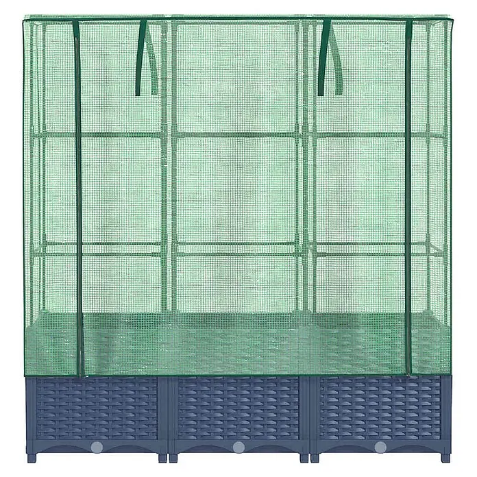 Furnicato Hochbeet Inklusive Gewächshaus-Aufsatz - 120 x 40 x 138 cm, Kunststoff, Blaugrau - Grünes Gewächshaus mit integriertem grauem Hochbeet mit Flechtstruktur.