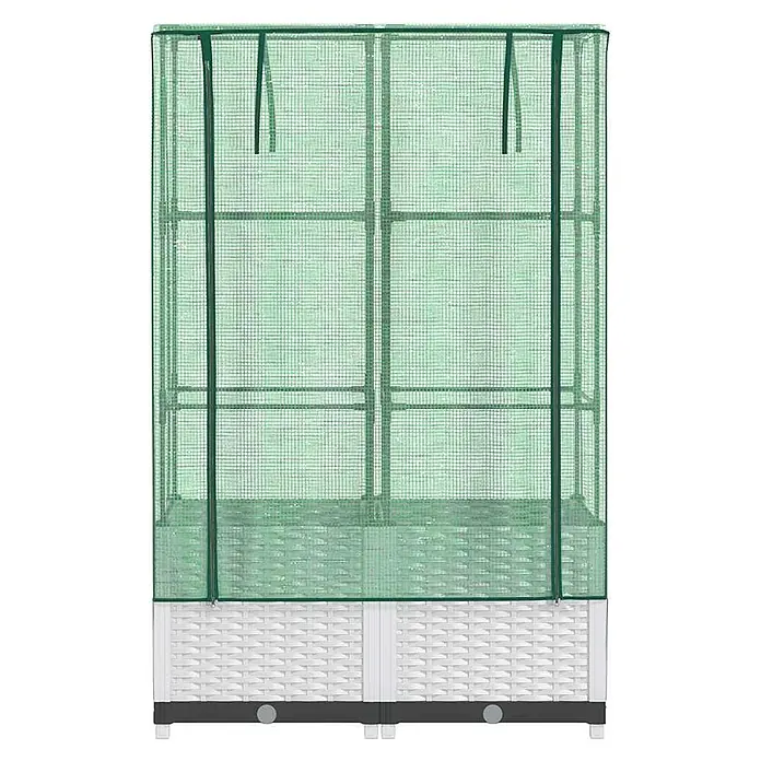 Furnicato Hochbeet Inklusive Gewächshaus-Aufsatz - 80 x 40 x 138 cm, Kunststoff, Weiß - Kompaktes Gewächshaus mit grüner transparenter Abdeckung und Einlegeböden, auf einem weiß-grauen Hochbeet im Rattan-Look.