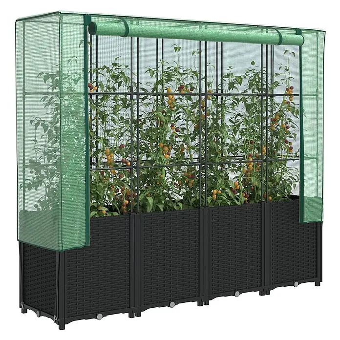 Furnicato Hochbeet Inklusive Gewächshaus-Aufsatz - 160 x 40 x 110 cm, Kunststoff, Schwarz - Schwarzes Hochbeet in Rattanoptik mit grünem Netz-Gewächshausüberzug und Kletterpflanzen.