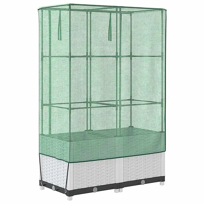 Furnicato Hochbeet Inklusive Gewächshaus-Aufsatz - 80 x 40 x 138 cm, Kunststoff, Weiß - Weißes Hochbeet in Rattan-Optik mit hohem grünem Netz-Mini-Gewächshausaufsatz für Pflanzen.