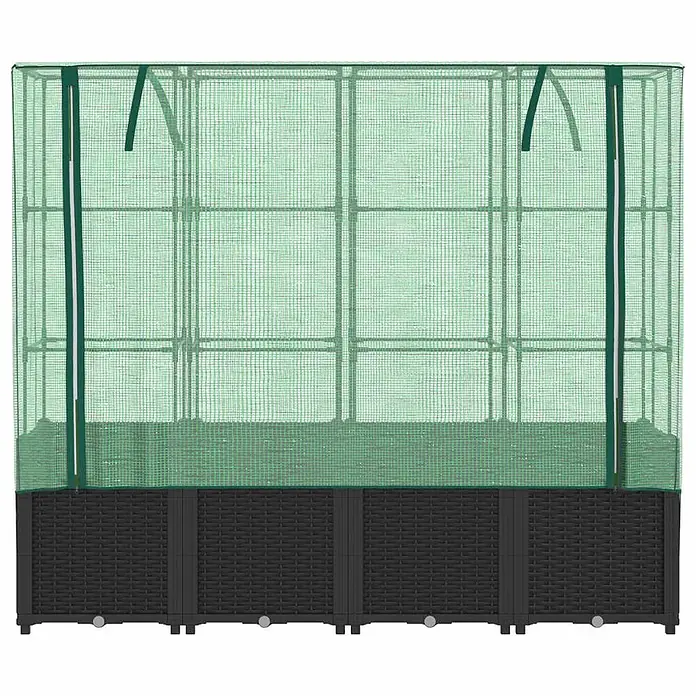 Furnicato Hochbeet Inklusive Gewächshaus-Aufsatz - 160 x 40 x 110 cm, Kunststoff, Schwarz - Grünes Mini-Gewächshaus mit Netzabdeckung und schwarzem Rattan-Hochbeet für den Garten.