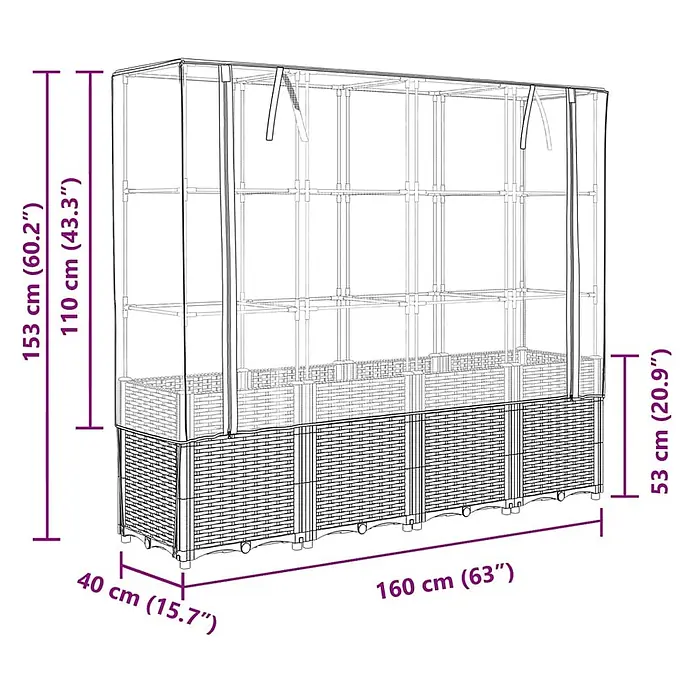 Furnicato Hochbeet Inklusive Gewächshaus-Aufsatz - 160 x 40 x 153 cm, Kunststoff, Braun - Hochbeet im Rattan-Stil mit transparentem Gewächshaus-Abdeckung, 160x40x153 cm.