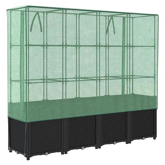 Furnicato Hochbeet Inklusive Gewächshaus-Aufsatz - 160 x 40 x 110 cm, Kunststoff, Schwarz - Schwarzes Hochbeet mit geflochtener Optik und grüner Netz-Gewächshausabdeckung.