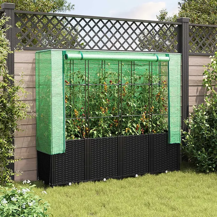 Furnicato Hochbeet Inklusive Gewächshaus-Aufsatz - 160 x 40 x 110 cm, Kunststoff, Schwarz - Schwarzes Hochbeet im Rattan-Stil mit grünem Netztunnel, gefüllt mit Tomatenpflanzen, im Garten vor einem Zaun.