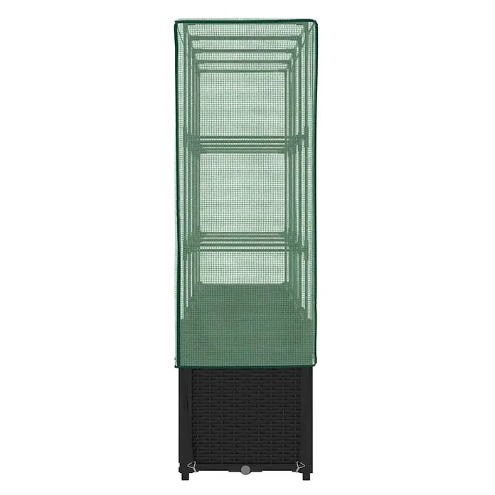 Furnicato Hochbeet Inklusive Gewächshaus-Aufsatz - 160 x 40 x 110 cm, Kunststoff, Schwarz - Grüne Gitter-Gewächshausabdeckung über einer dunklen geflochtenen Hochbeet-Pflanzbox.