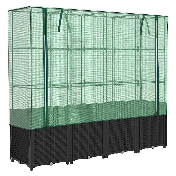 Furnicato Hochbeet Inklusive Gewächshaus-Aufsatz - 160 x 40 x 110 cm, Kunststoff, Schwarz - Langes Hochbeet mit schwarzem Korbgeflecht-Unterbau und grünem Gitter-Gewächshausabdeckung.