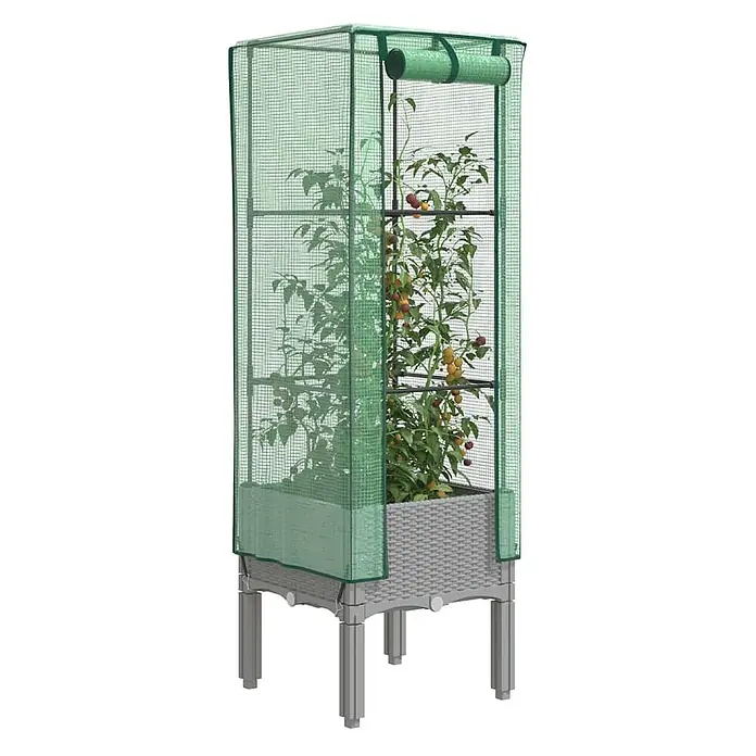 Furnicato Hochbeet Inklusive Gewächshaus-Aufsatz - 40 x 40 x 140 cm, Kunststoff, Hellgrau - Hohes Hochbeet mit grauem Pflanzkasten in Rattan-Optik und transparenter grüner Netzabdeckung, schützt Tomatenpflanzen mit reifenden Früchten.